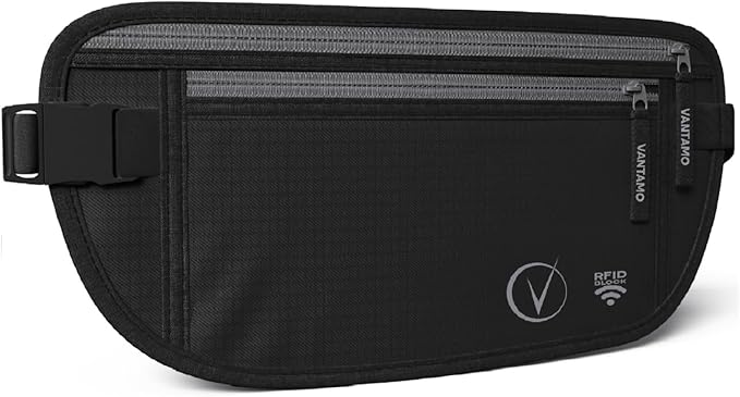 Vantamo Money Belt with RFID For Men & Women, Hidden Passport Holder for Travel, 2 Compartment Travel Fanny Pack for Women Anti Theft