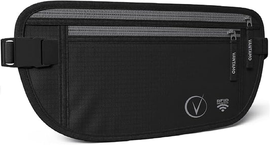 Vantamo Money Belt with RFID For Men & Women, Hidden Passport Holder for Travel, 2 Compartment Travel Fanny Pack for Women Anti Theft