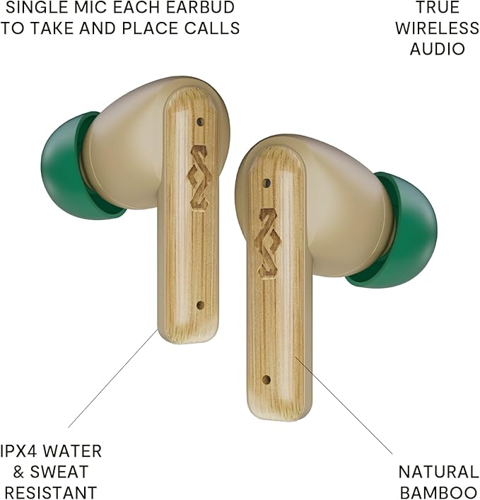 House of Marley Little Bird True Wireless Earbuds, Touch Controls, Built-in Mic, 24 Hours Playtime with Case, USB-C Quick Charge, Sustainable Materials, Movie and Gaming Mode, Cream