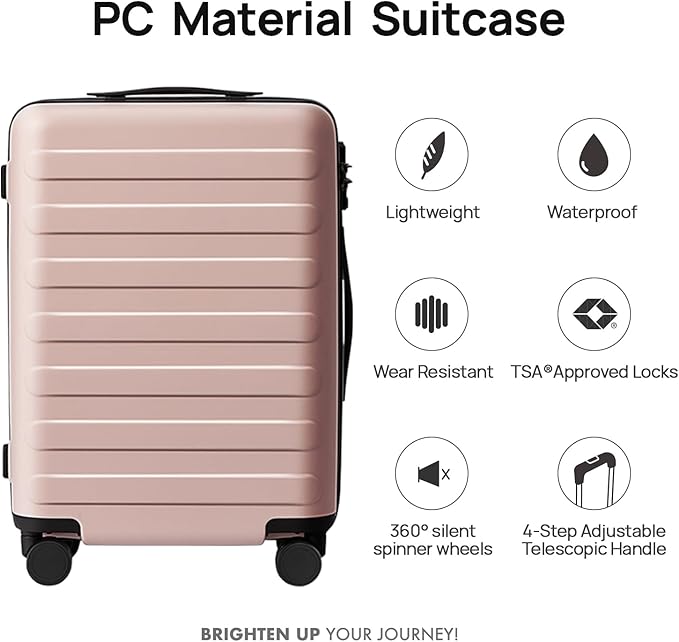 NINETYGO Medium Checked Luggage 24 Inch, Checking In Luggage with Smooth Spinner Wheels, Lightweight, Hard Shell PC Suitcase, Lightweight Travel Luggage, TSA Approved (Pink, Rhine Basic)