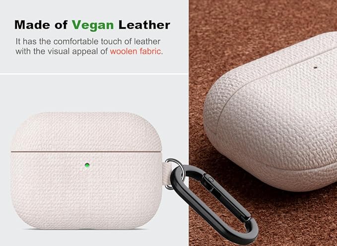 Handmade Case - for AirPods Pro 3 Case Cover with Clip - Selected Skin-Friendly Vegan Leather, Woolen Fabric Cloth Style, Shockproof Hard Cover for AirPods Pro 3rd Generation Earbuds - White