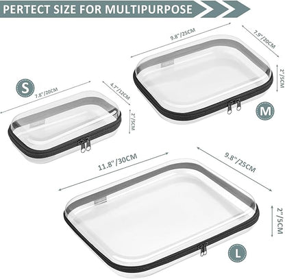 Hard Sided Clear Zipper Case for Storage- Professional-Grade Plastic Clear Zipper Pencil Case,Toy Storage Bins, Toiletry Pouch, Travel Organizer, Cosmetic Bag（Black,3 Pack, LMS）