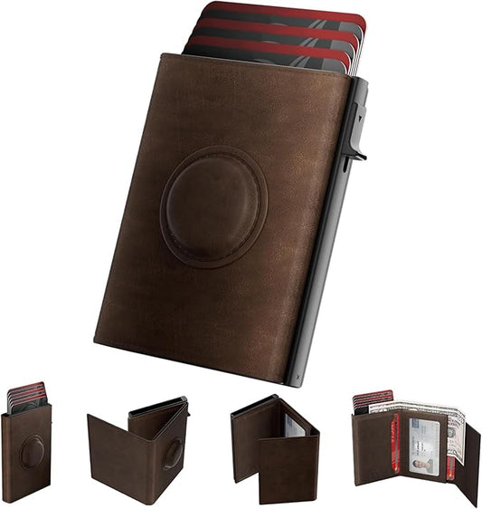 Mens Wallet with AirTag Holder: Smart Wallet Compatible with Apple AirTag, Pop Up Card Case, Top Grain Leather, RFID Blocking, Slim, Minimalist, 9-14 Card Capacity | ID Window | Cash Slot (Brown)