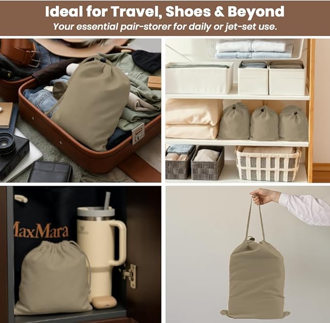 LFH Cotton Rich Shoe Storage Bags with Drawstring, Dustproof Breathable Reusable Organizer, Perfect For Travel, Dorm, Hotel, College, Gym, Easy to Carry, Machine Washable 8"x17" (Pack of 4) - Chambray