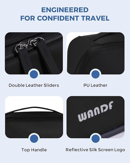 WANDF Toiletry Bag for Men, PU Leather Travel Organizer with Detachable Waterproof Hanging Pouch, Open-Flat Dopp Kit Shaving Bag with Wet Pocket for Travel Toiletries Accessories (Black)