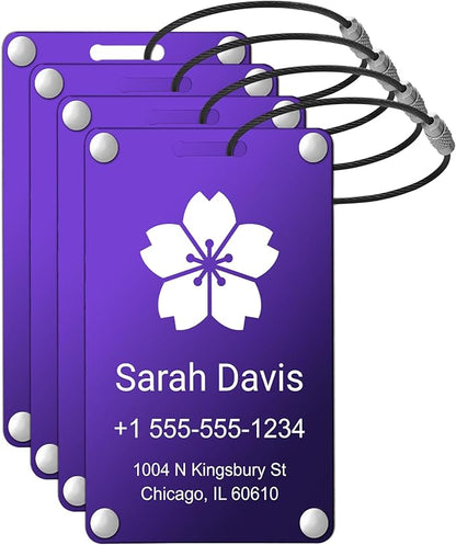 Luggage Tags for Suitcases 4 Pack: Personalized Luggage Tags for Backpacks & Bags Tags with Coustomizable Texts (Purple)