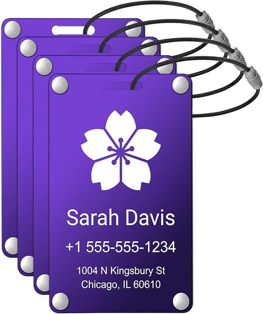 Luggage Tags for Suitcases 4 Pack: Personalized Luggage Tags for Backpacks & Bags Tags with Coustomizable Texts (Purple)