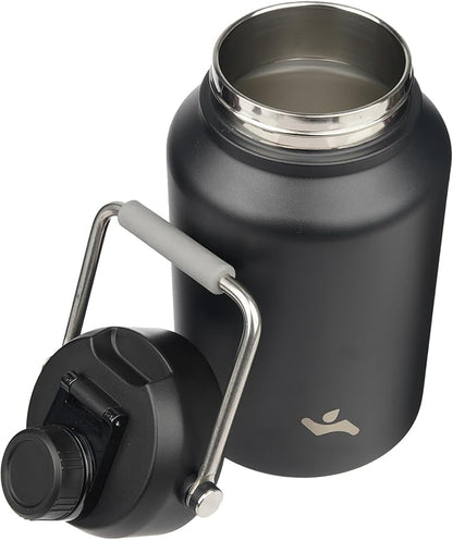 1 Gallon Jug with Handle,128 oz Insulated Water Bottle with Carrying Pouch, Double Wall Vacuum Stainless Steel Metal Bottle,Black