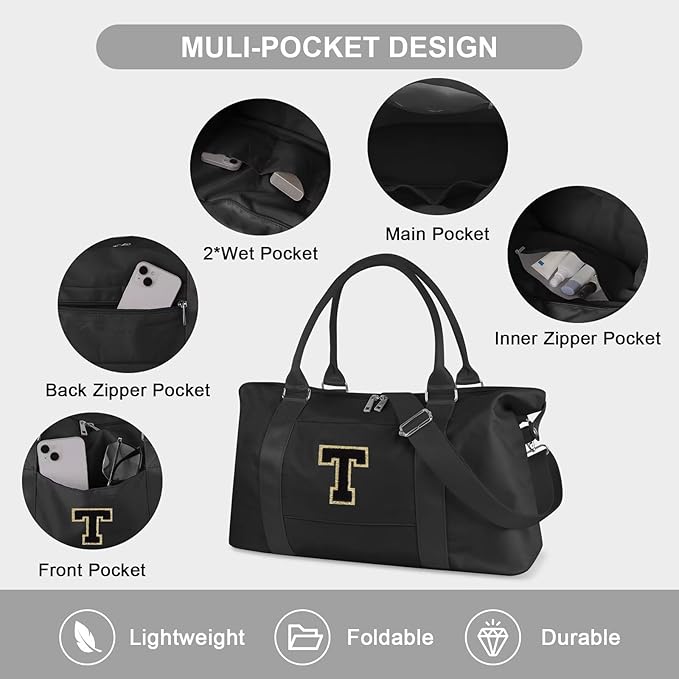 Dance Gym Duffel Bag for Teen Girls, Personalized Initial Travel Weekender Bag,Cute Overnight Carry On Duffle for Women,Sports Travel Cheer Bag,Monogram Christmas Gifts for Tween Preppy(black-T)