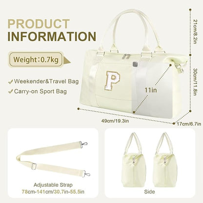 Dance Gym Duffel Bag for Teen Girls, Personalized Initial Travel Weekender Bag,Cute Overnight Carry On Duffle for Women,Sports Travel Cheer Bag,Monogram Christmas Gifts for Tween Preppy(beige-P)