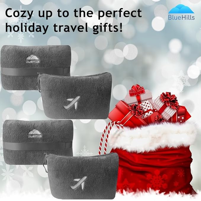 BlueHills Premium 2 Pack Travel Blanket Pillow in Mini Soft Case Plush Airplane Blanket in Bag Compact Luggage Belt Plane Pillows Gifts Long Flight Blankets Essentials Gray M21