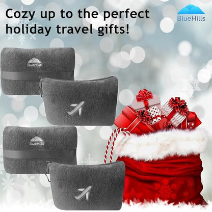 BlueHills Premium 2 Pack Travel Blanket Pillow in Mini Soft Case Plush Airplane Blanket in Bag Compact Luggage Belt Plane Pillows Gifts Long Flight Blankets Essentials Gray M21