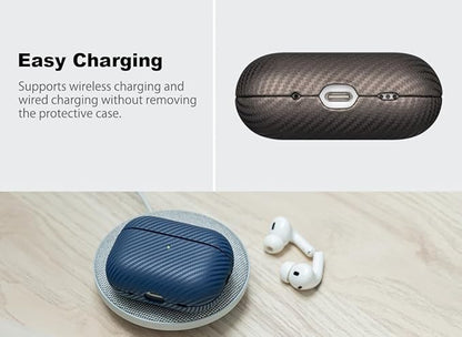 Leather Case - for AirPods Pro 3 Case Cover - Selected Skin-friendly Leather, Carbon Fibre Texture, Handmade Drop Protective Hard Cover for AirPods Pro 3rd Generation Earbuds, Desert Titanium