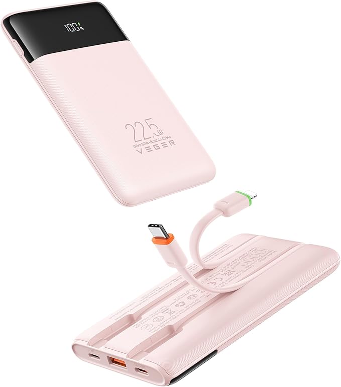 VEGER Portable Charger with Built in Cables, Slim 10000mAh PD 22.5W Fast Charging USB C Power Bank, 4 Outputs 3 Inputs Battery Pack Compatible with iPhone 16e 15 14 13 Samsung iPad - Travel Essential