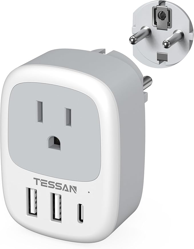 Type E F Plug Adapter USB C, TESSAN Germany France Power Adaptor, Schuko Outlet with 3 USB Ports, Travel Plug for US to Europe EU Spain Iceland Korea Greece Russia German French