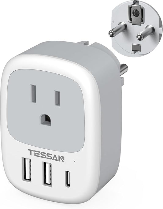 Type E F Plug Adapter USB C, TESSAN Germany France Power Adaptor, Schuko Outlet with 3 USB Ports, Travel Plug for US to Europe EU Spain Iceland Korea Greece Russia German French
