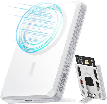 VEGER Portable Charger, Magnetic Power Bank with Phone Stand, Card Slot RFID Blocking, Global Tracking, 20W USB-C Fast Charging Powerbank, 15W Wireless Battery Pack for iPhone17/16/15/14/13/12 White