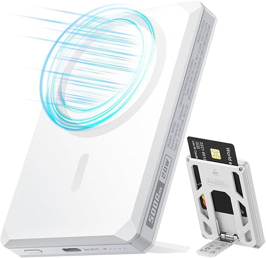 VEGER Portable Charger, Magnetic Power Bank with Phone Stand, Card Slot RFID Blocking, Global Tracking, 20W USB-C Fast Charging Powerbank, 15W Wireless Battery Pack for iPhone17/16/15/14/13/12 White