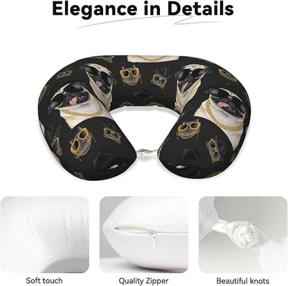 Neck Pillow Memory Foam Travel Pillows Comfortable for Airplane Flight Car Travel Office Nap and Sleeping, Funny Cushion for Head Shoulder It's Pug Life