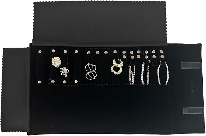 UnionPlus Velvet Jewelry Case Roll Bag for Necklace Bracelet Earrings Rings Multi-compartments, Great Jewelry Organizer for Travel, Black