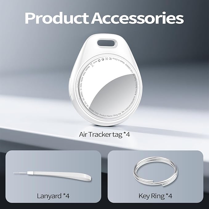 [iOS Only] Tukio Air Tracker Tags 4 Pack White, [Apple MFi Certified] Bluetooth Key Finder & Smart Item Locator Work with Apple Find My for Keys/Luggage/Bags/Suitcases/Car, 365-Day Replaceable Battery