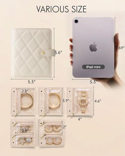 Vlando Travel Jewelry Organizer Case,Mothers Day Gifts for Her,Portable Jewelry Organizers Storage Book with Clear Zipper Velvet Jewelry Pouch Bag for Travel Essentials,Ring,Earring-Cream White