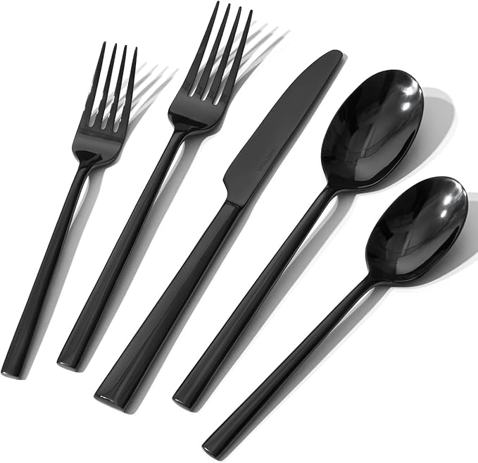 KINGSTONE Black Silverware Set, 40-Piece Forged Flatware Set Cutlery Set Premium Stainless Steel, Service for 8, for Kitchen, Home, Wedding, Party, Mirror Polished and Dishwasher Safe