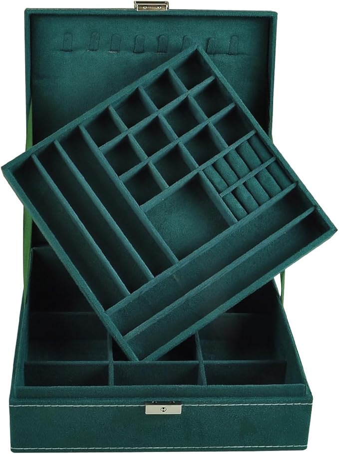 Jewelry Boxes 10 x 10 Inches 2-layer Handle Necklace Holder Organizer Jewellery Women Rings Storage Display Girls Earrings Case Lockable Jewelry Tray GY641 (Green)