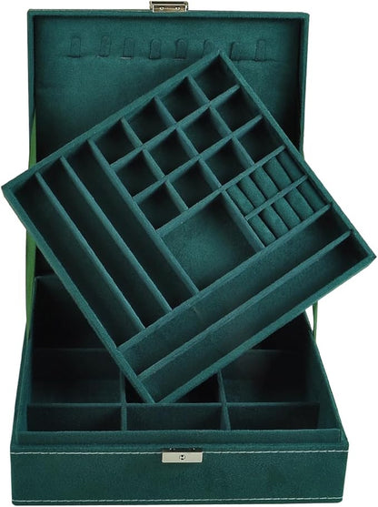 Jewelry Boxes 10 x 10 Inches 2-layer Handle Necklace Holder Organizer Jewellery Women Rings Storage Display Girls Earrings Case Lockable Jewelry Tray GY641 (Green)