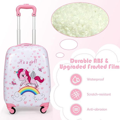 BABY JOY 2 Pcs Kids Luggage Set, 16" Carry-on Luggage Trolley Case & 12" Backpack w/Rolling Wheels, Retractable Handle, Lightweight Airline-approved Design, Kids Suitcase for Girls Boys (Pink Pony)