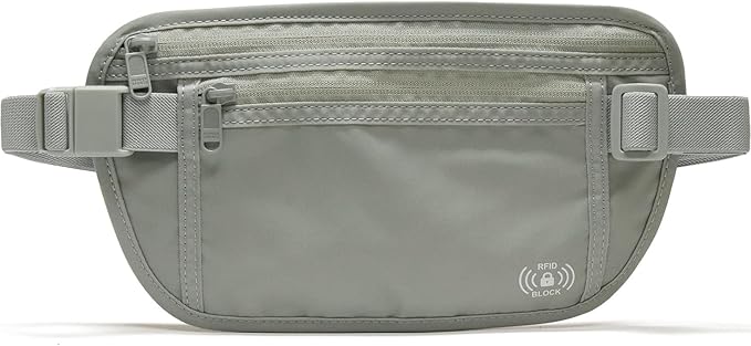 Pander RFID Blocking Travel Money Belt – Hidden Waist Pouch for Passport, Cash, Cards, Slim Belt Bag for Men and Women, Light Grey
