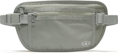 Pander RFID Blocking Travel Money Belt – Hidden Waist Pouch for Passport, Cash, Cards, Slim Belt Bag for Men and Women, Light Grey