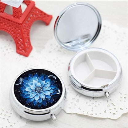 Pill Box,Blue Flower Round Pill Box 3 Compartment Decorative Pocket Purse Portable Mini Travel Medicine Tablet Vitamin Holder Organizer Pill Case