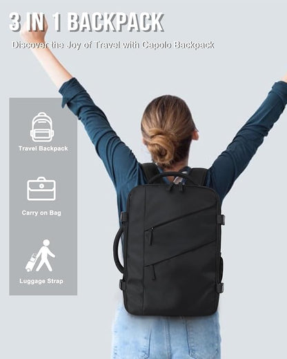 Capolo Travel Backpack for Women Men Waterproof Laptop Backpack Flight Approved Personal Item Backpack Overnight Weekender Bag College Bookbag for Business, Work, Traveling Fits 15.6 '' Laptop,Black