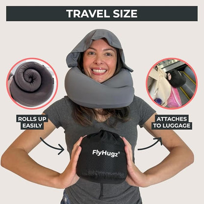 FlyHugz® 2.0 Hooded Travel Pillow – 2025 Original Release – Memory Foam Neck Pillow with Adjustable Hood & Premium Elastic Washable Cover – First Class Comfort for Flights, Road Trips & Sleep-Gray.