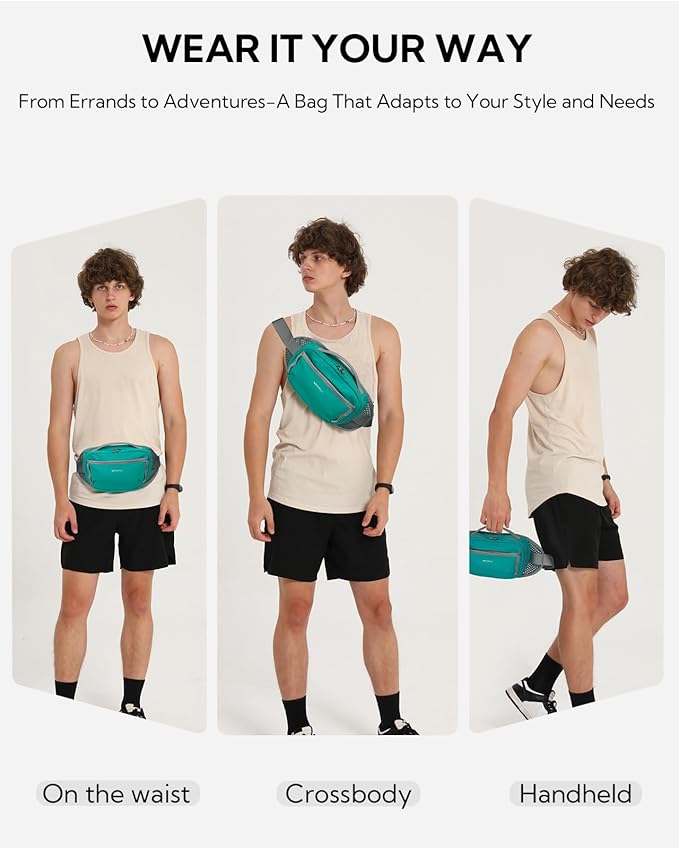 WATERFLY Fanny Pack Waist Bag: 2.3L Large RFID Blocking Crossbody Bags for Women Men, Breathable Casual Anti-Theft Hip Pouch for Traveling Walking Hiking-Cyan