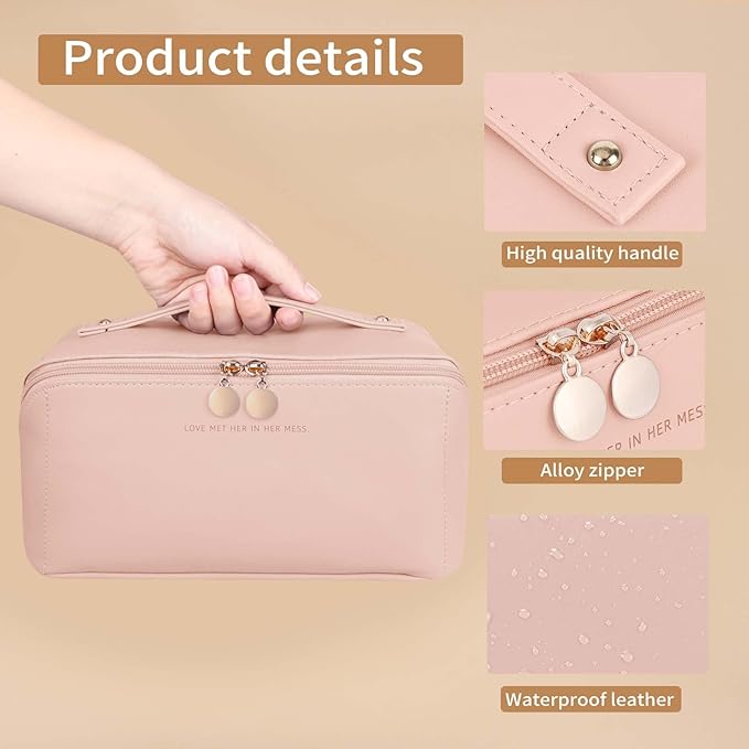 Travel Makeup Bag, Large Capacity Cosmetic Organizer Bags for Women, Waterproof PU Leather Toiletry Bags, Wide Open Flat Makeup Case with Divider and Handle