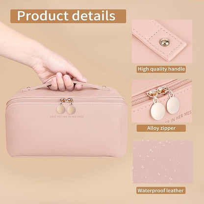 Travel Makeup Bag, Large Capacity Cosmetic Organizer Bags for Women, Waterproof PU Leather Toiletry Bags, Wide Open Flat Makeup Case with Divider and Handle