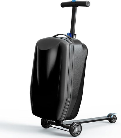 Scooter Hardshell Kids' Luggage, Foldable Carry on Kids Suitcase with Telescopic Handle for Travel, Multifunctional Ride On Lightweight Luggage with Wheels, Light Black