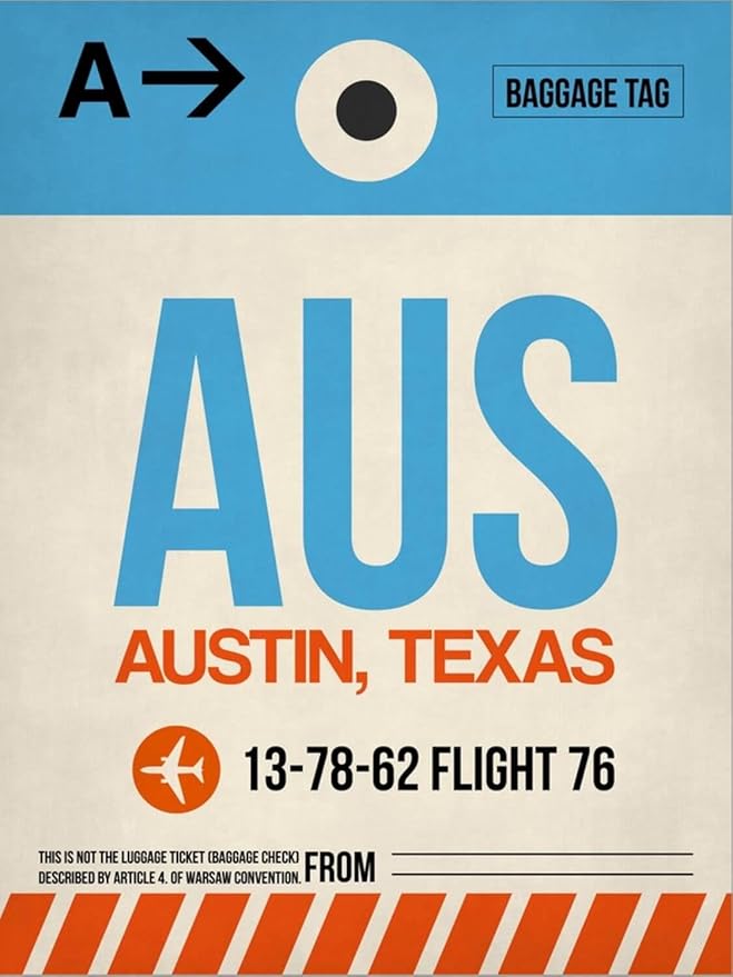 ART.COM Stretched Canvas Print AUS Austin Luggage Tag I by NaxArt, 12" x 16"