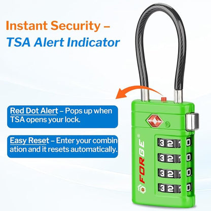 Forge TSA Approved Luggage Locks 4 Digit Combination TSA Travel Locks with TSA008, Open Alert Indicator, Zinc Alloy Body for Luggage, Suitcase, Backpack, and More. Green 4 Locks.