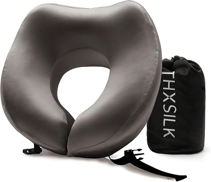 THXSILK 100% Mulberry Silk Neck Pillow for Traveling, Pure Memory Foam Travel Pillow for Airplanes, Travel Neck Pillow for Sleeping, Head and Neck Support, Includes Storage Bag (Charcoal)