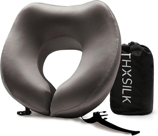 THXSILK 100% Mulberry Silk Neck Pillow for Traveling, Pure Memory Foam Travel Pillow for Airplanes, Travel Neck Pillow for Sleeping, Head and Neck Support, Includes Storage Bag (Charcoal)