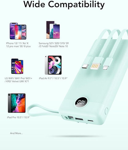 VRURC Portable Charger 20000mAh, Built-in Cables Fast Charging Power Bank, PD QC 3.0 Travel Essentials Battery Pack, 4 Output & 2 Input Phone Charger for iPhone16 15 14 13 X, Samsung, Android-Green