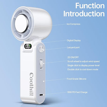 Handheld Portable Fan with Ice Cooler: 100-Speed 5500mAh Rechargeable Handheld Fan, 12H Time Hand Cooling Personal Fans with 20000 RPM Air Turbo Tech for Travel Outdoor (White)