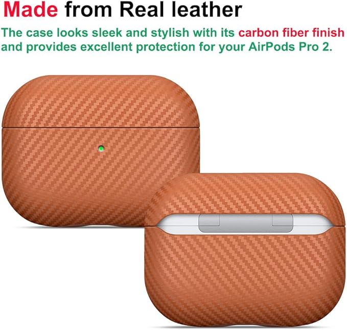 LOPIE Leather Case for AirPods Pro 2nd Generation - Handmade AirPods Pro 2 Case Cover - Made of Real Leather - Protective Hard Shell Cover - Carbon Fiber Style - Wireless Charging Compatible - Brown