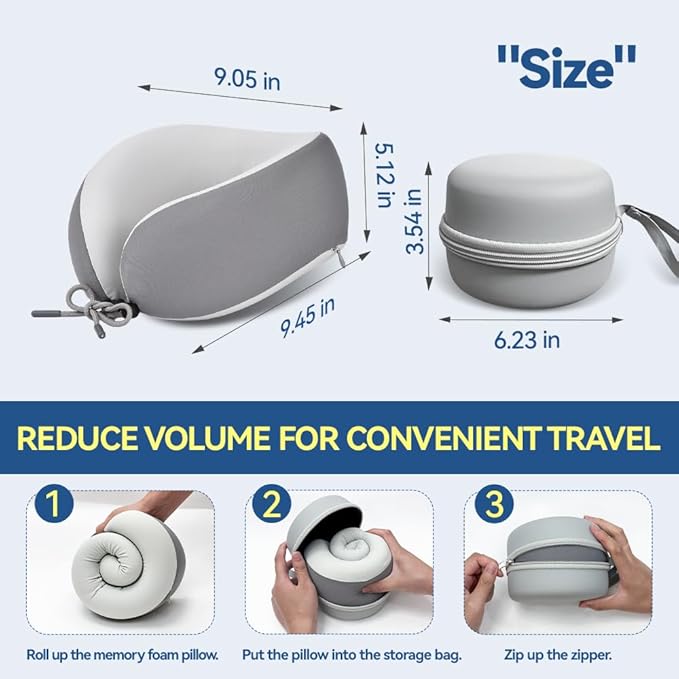 Memory Foam Neck Pillow for Travel Adjustable Airplane Pillow 100 Percent Memory Foam Ergonomic Support for Sleeping on Flights Cars Office Home Use for Adults Men Women