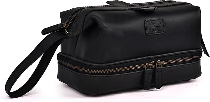 LEATHER VILLAGE Genuine Leather Dopp Kit – Large Travel Toiletry Bag with Waterproof Lining, Dual-Zip Design for Men & Women, Organizer for Shaving, Makeup & Essentials - Black