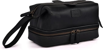 LEATHER VILLAGE Genuine Leather Dopp Kit – Large Travel Toiletry Bag with Waterproof Lining, Dual-Zip Design for Men & Women, Organizer for Shaving, Makeup & Essentials - Black
