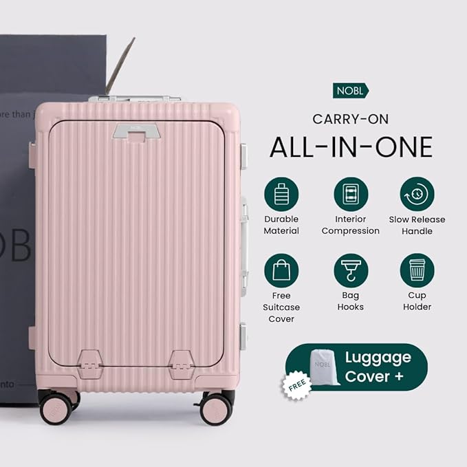 Nobl Travel Carry On Luggage, Noble Zipperless Aluminum Frame PC Hard Shell Suitcase, 20.8"x15"x8.7" Airline Approved, 360° Spinner Wheels, TSA Locks, USB Charging Port, Cup & Phone Holder - Blush